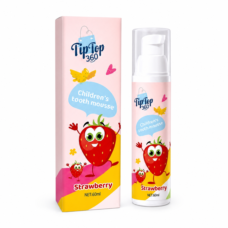 TipTop360 kids strawberry foam toothpaste 60 ml pump bottle and box on white background