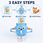 Three easy steps to use the Blue Kids STEM Drawing Robot: pick, guide and colour