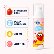 Kids strawberry foam toothpaste packaging with pump and 60 ml format; check the physical label for age directions