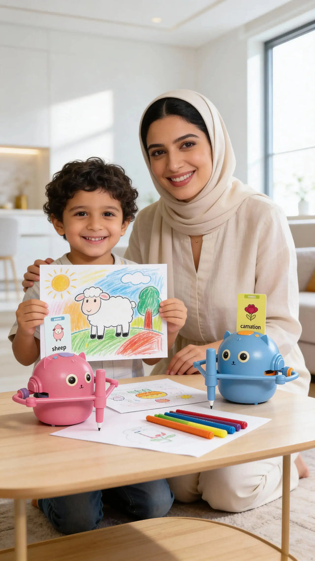 Blue and pink Kids Drawing Robots for side-by-side creative learning and screen-free fun