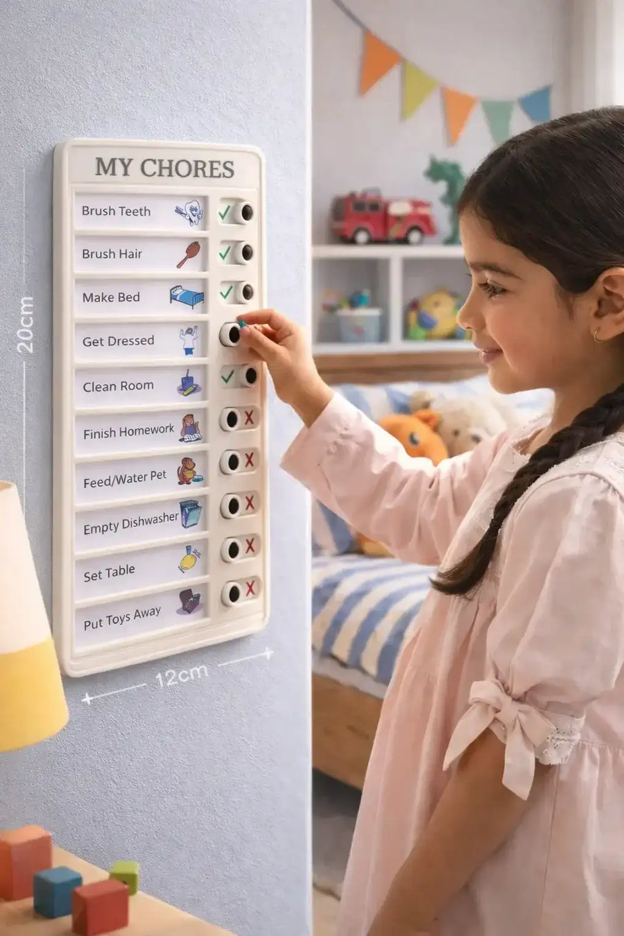 Kids responsibility chart with sliding task checklist, colorful routine board for ages 3-10, 20 x 12 cm