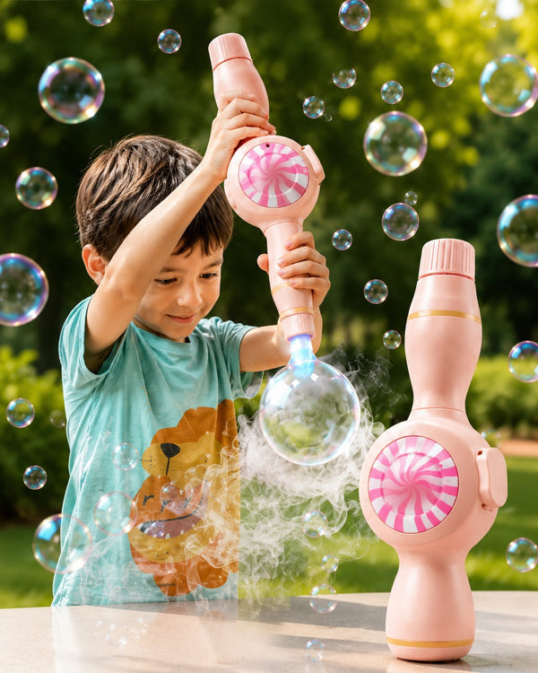 Child making smoke bubbles with a pink bubble maker outdoors