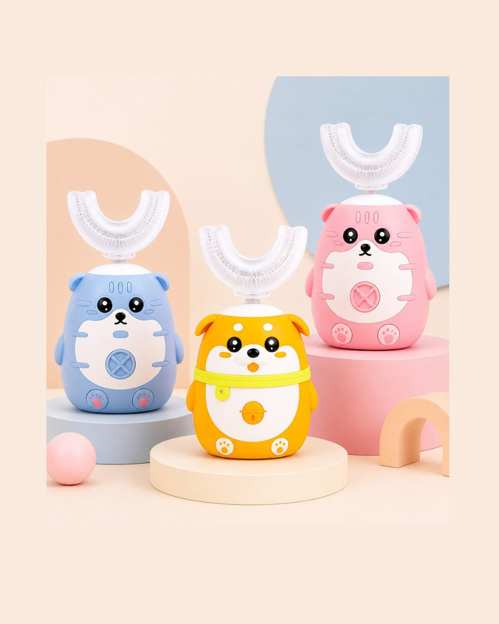 Kids U-shaped toothbrush colour options for two-child dental routines