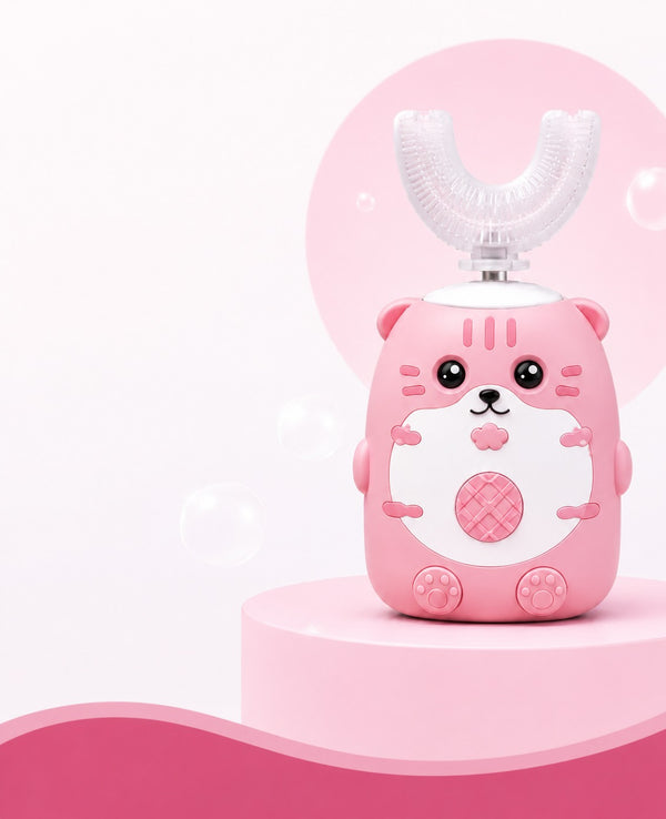 Pink kids U-shaped electric toothbrush on a pastel display