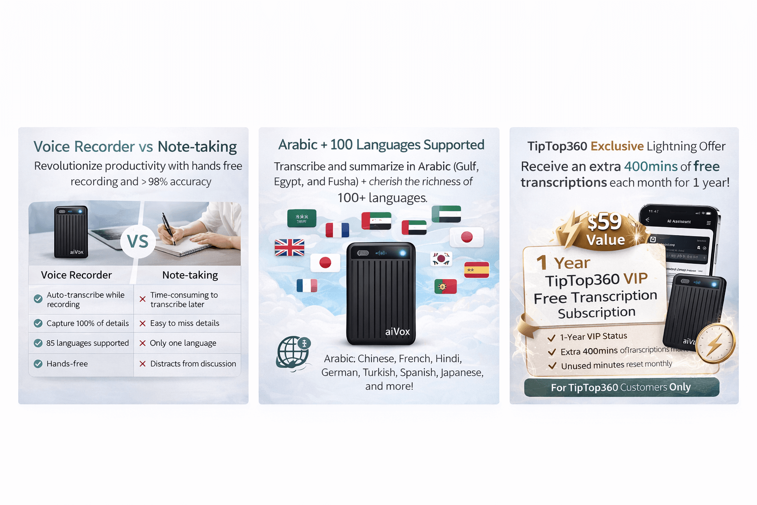 AI Voice Recorder with GPT-4 Transcription - 98% Accurate | 400 Free Minutes TipTop360