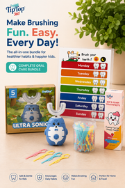 Blue kids U-shaped toothbrush bundle with foam toothpaste, flossers and weekly brushing chart