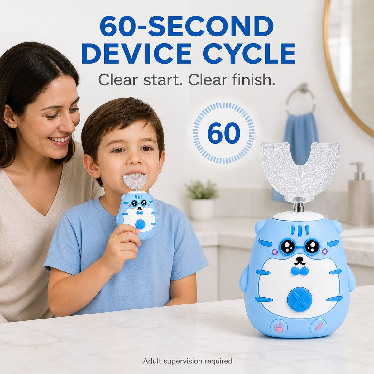 Parent supervising a child using the blue kids U-shaped toothbrush during its 60-second device cycle