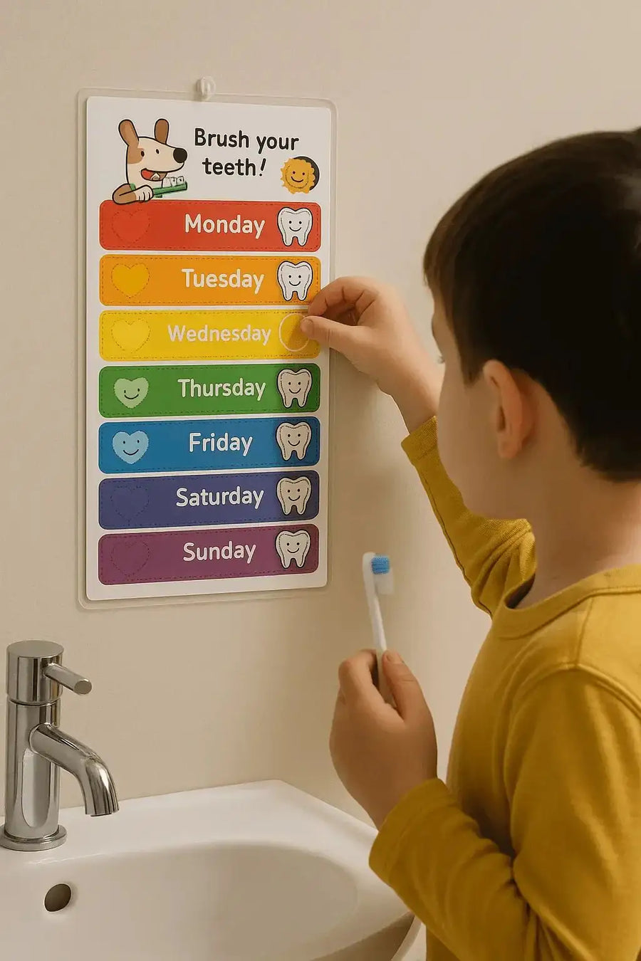 Kids brushing reward chart — A3 laminated wall chart with 60 reusable stickers for AM and PM tooth brushing habit tracking, UAE