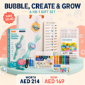 Bubble, Create & Grow 6-in-1 Gift Set with bubble machine, kids routine chore chart, dual-tip washable markers, 12-colour watercolour pens, wax crayons and premium gift presentation. Worth AED 214, now AED 169.