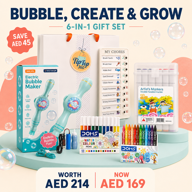 Bubble, Create & Grow 6-in-1 Gift Set with bubble machine, kids routine chore chart, dual-tip washable markers, 12-colour watercolour pens, wax crayons and premium gift presentation. Worth AED 214, now AED 169.