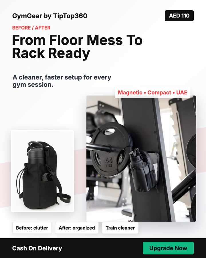 GymGear magnetic gym bag ad - from floor mess to rack ready