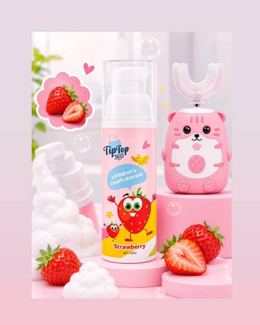 Pink kids U-shaped electric toothbrush beside strawberry foam toothpaste
