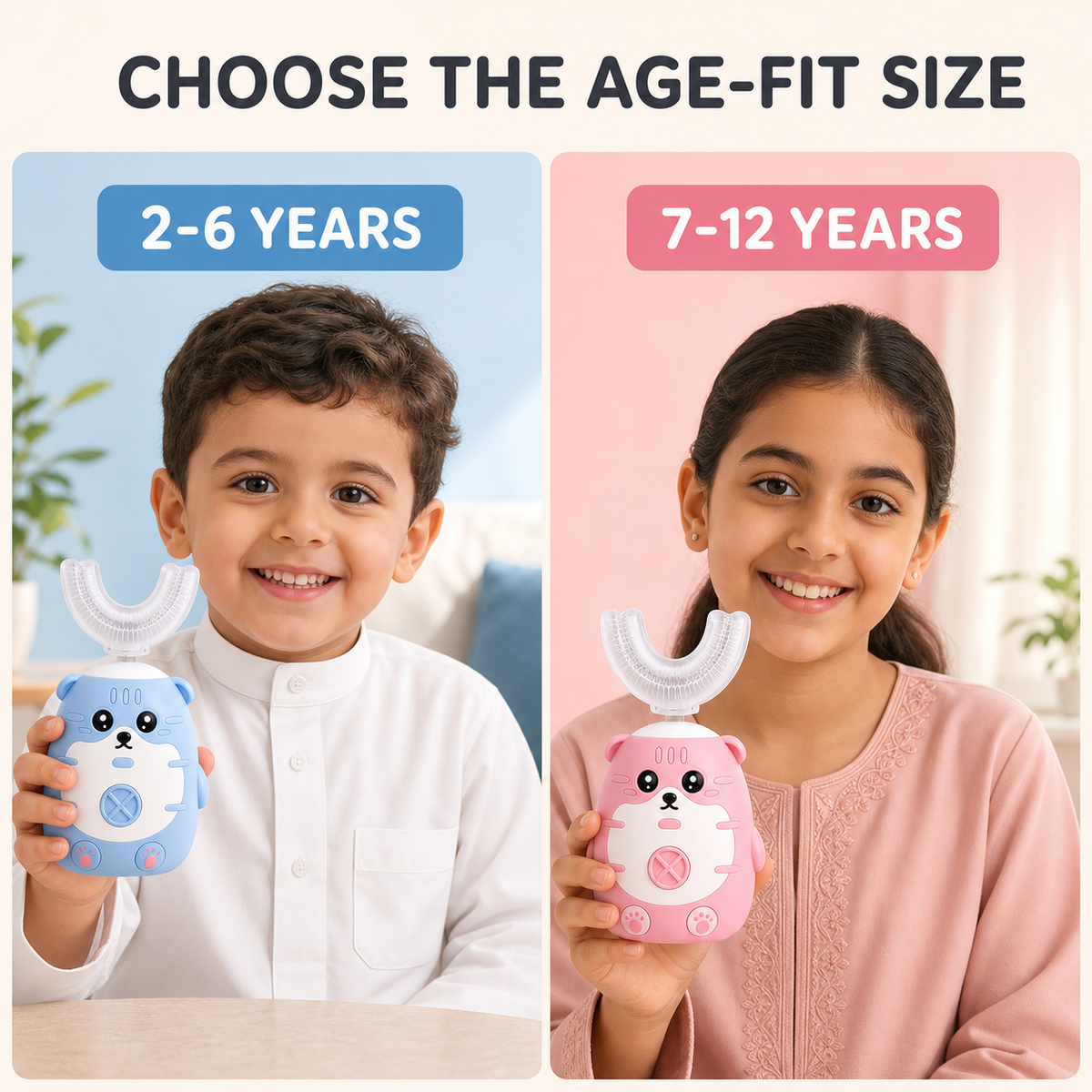 Kids U-shaped toothbrush age-fit guide for ages 2 to 6 and 7 to 12