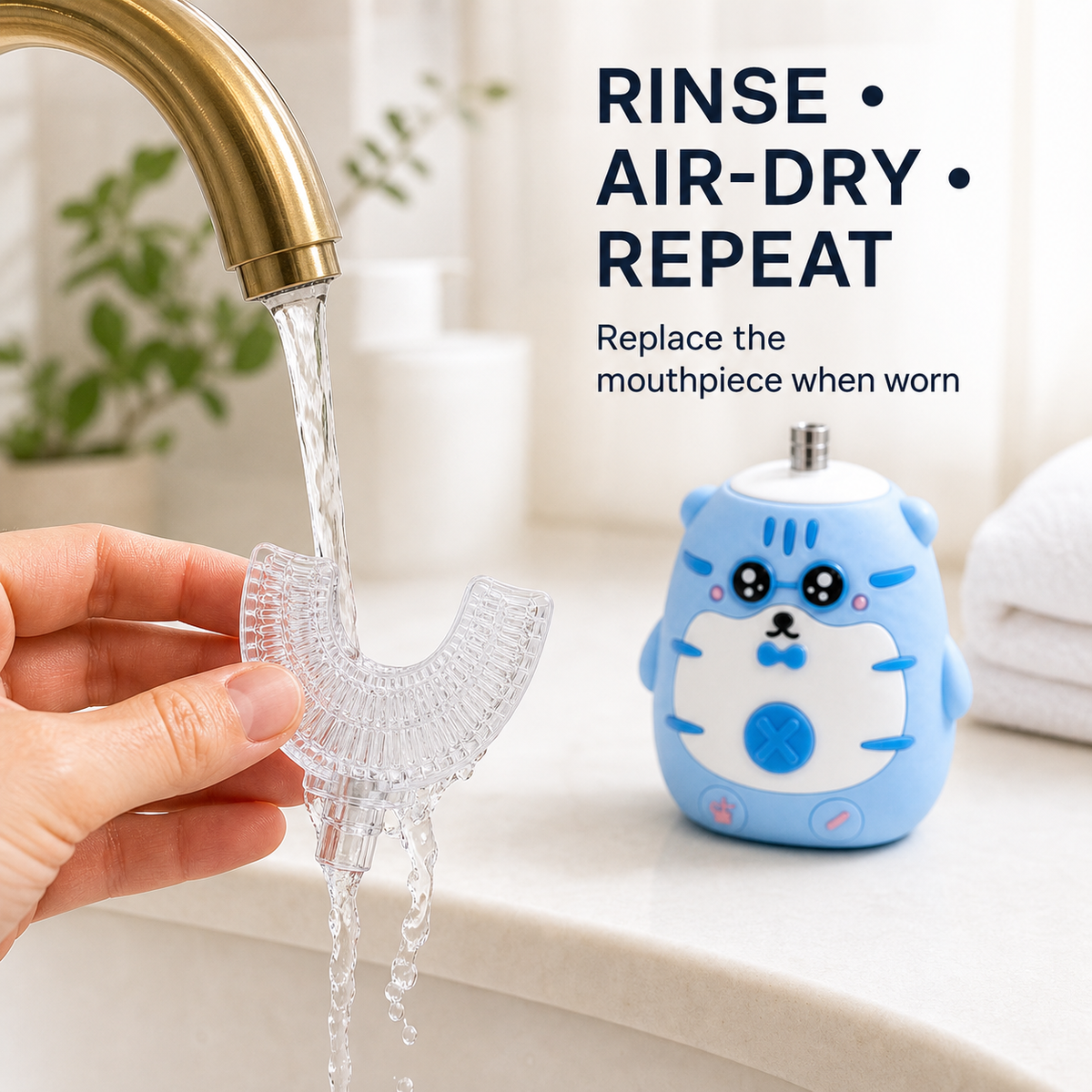 Rinsing and air-drying the kids U-shaped toothbrush mouthpiece after use