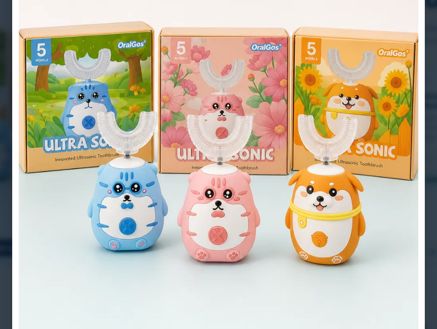 Blue, pink and orange kids U-shaped electric toothbrushes with their presentation boxes