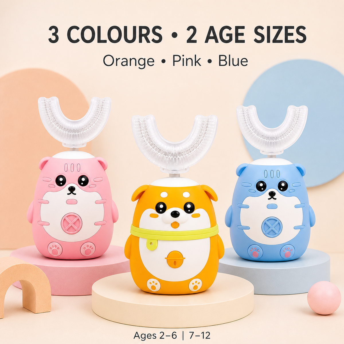 Pink, orange and blue kids U-shaped electric toothbrushes available in two age sizes