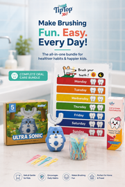 Kids dental-care bundle with blue U-shaped toothbrush, flossers, foam toothpaste and brushing chart
