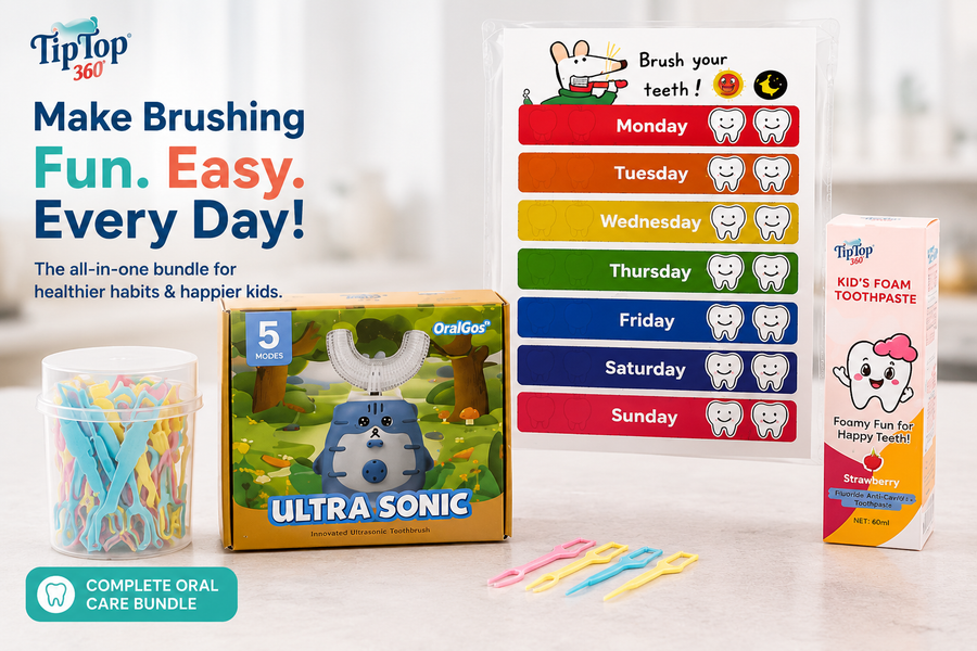 Kids oral-care bundle with U-shaped toothbrush, foam toothpaste, flossers and weekly brushing chart