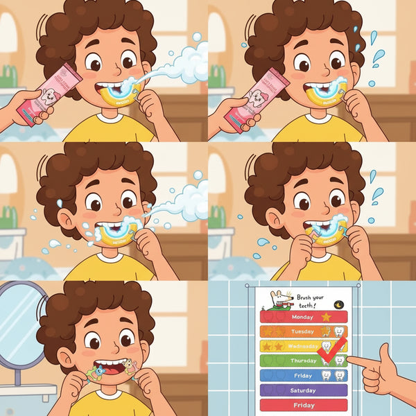 Kids U-Shaped Brush Bundle with electric U-shaped toothbrush, foam toothpaste, flossers, and brushing calendar