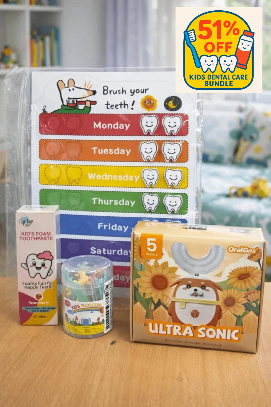 Kids U-Shaped Brush Bundle with electric U-shaped toothbrush, foam toothpaste, flossers, and brushing calendar