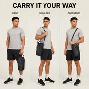 Black TipTop360 magnetic gym bag carried by hand, over the shoulder and crossbody