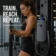 Gray TipTop360 magnetic gym bag attached to compatible steel gym equipment beside an athlete