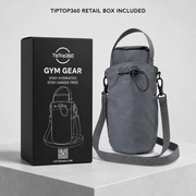 Gray TipTop360 magnetic gym bag beside the included TipTop360 retail box