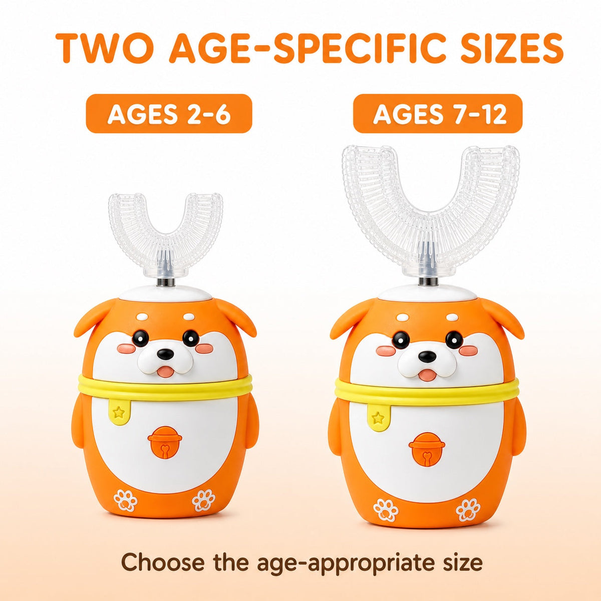 Orange kids U-shaped toothbrush age-specific sizes for ages 2 to 6 and 7 to 12