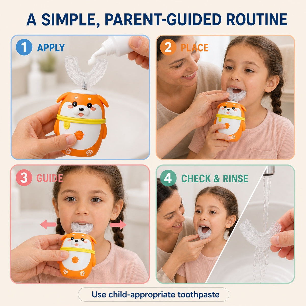 Four-step parent-guided routine using the orange kids U-shaped electric toothbrush