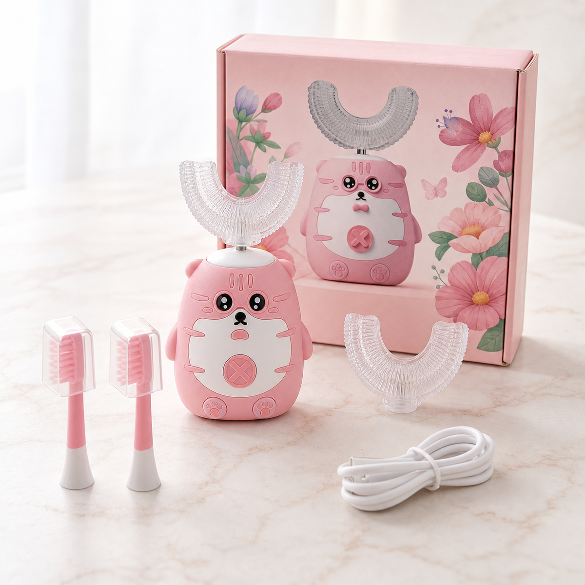 Pink kids U-shaped toothbrush complete set with package, two brush heads, mouthpiece and charging cable