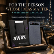 AIVox AI voice recorder presented as a professional gift set with recorder and retail box